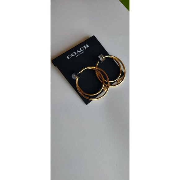 Coach Earrings Hoops Gold Signature C Zirconia Double Hoop Gold NEW - Picture 8 of 11